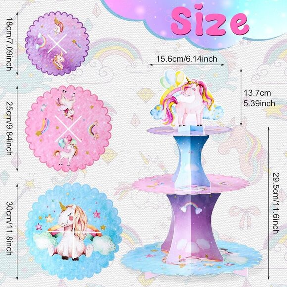 3 Tier Unicorn Cupcake Stand Watercolor Unicorn Cardboard Cupcake Holder New - Picture 8 of 8